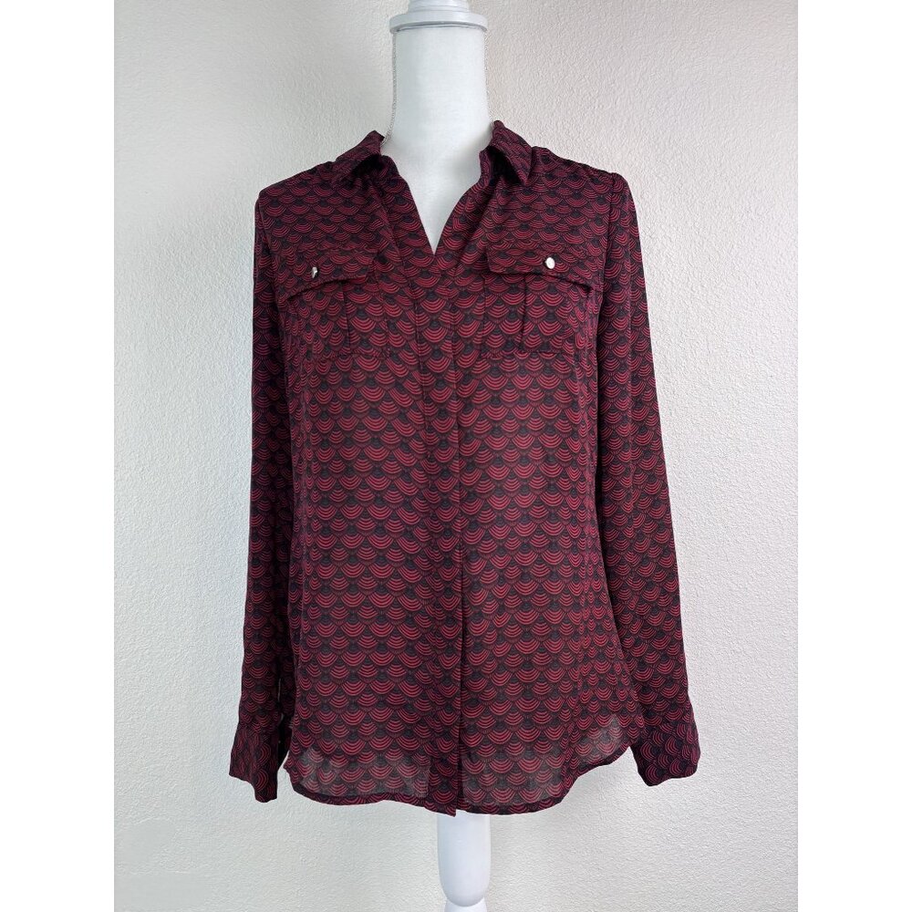 White House Black Market women's 4 red black patterned long sleeve blouse top